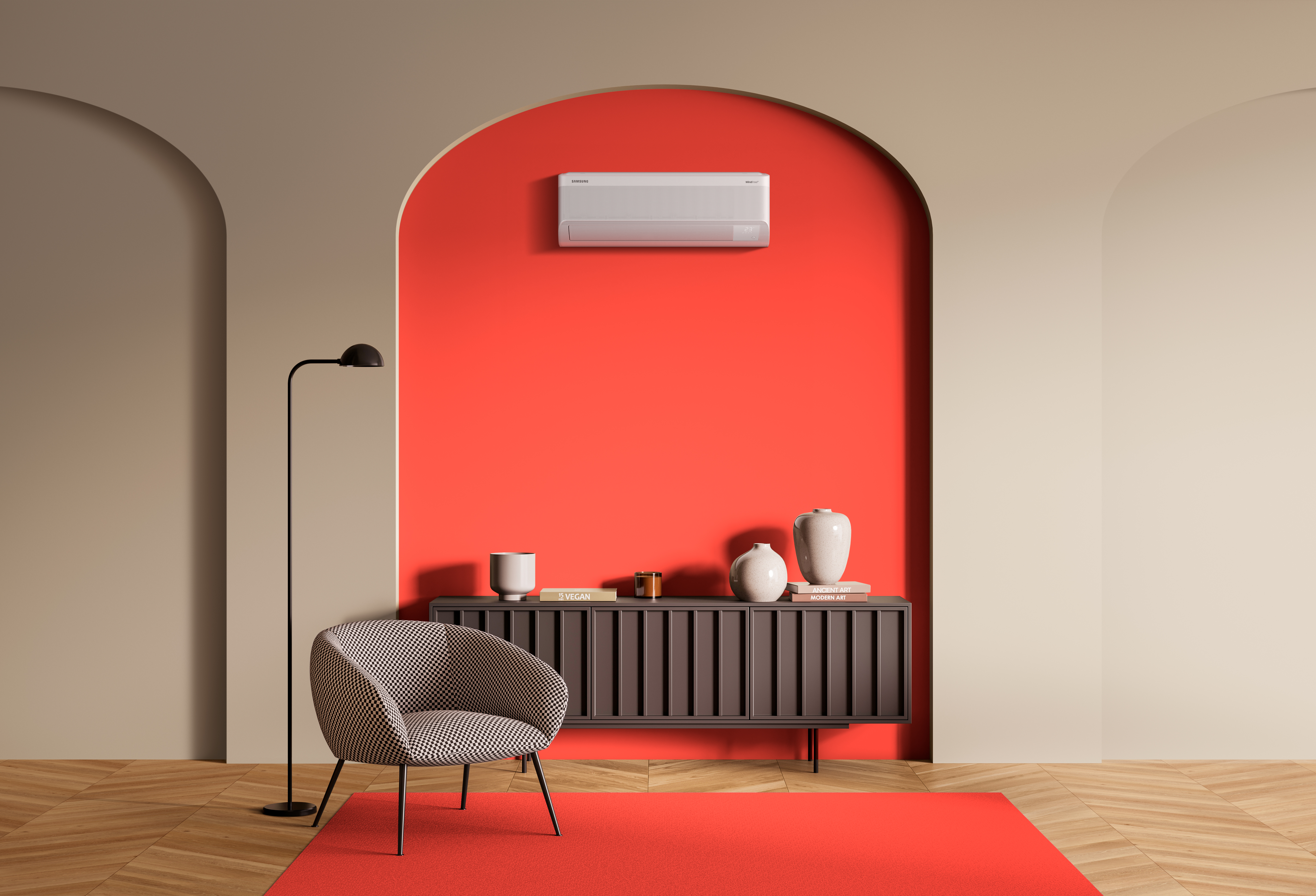 Beige living room interior with chair and commode with art books on parquet floor. Minimalist relaxing room with decoration. Mockup copy space photo frame, 3D rendering; Shutterstock ID 2052577967; Projectnummer: 23091880; job:  Samsung_Climate_Solutions_Photography_Pitch; client: Lukkien; other: 